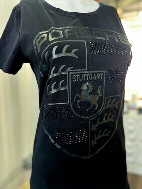 Porsche Women’s Black Rhinestone Crest T-Shirt NWT Size M